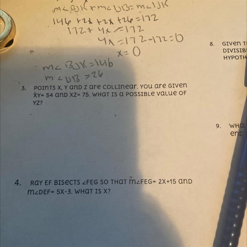 POINTS X, Y and Z are COLLinear. You are given XY= 54 and XZ= 75. WHAT IS A POSSIBLE-example-1