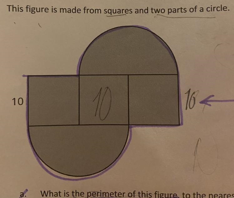 This figure is made from squares and two pairs of circle. What is the perimeter of-example-1