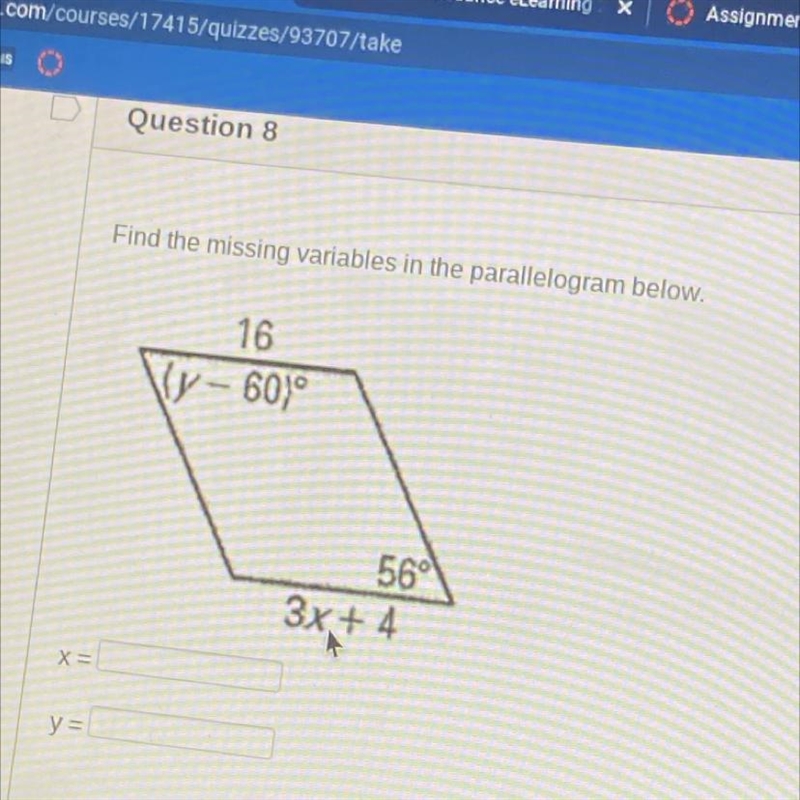 10 pts Find the missing variables in the parallelogram below. 16 Vy - 60) 560 3x+ 4 X-example-1