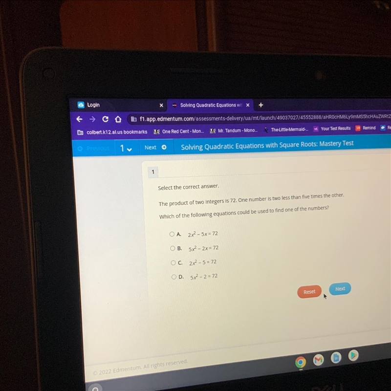 Select the correct answer.The product of two integers is 72. One number is two less-example-1