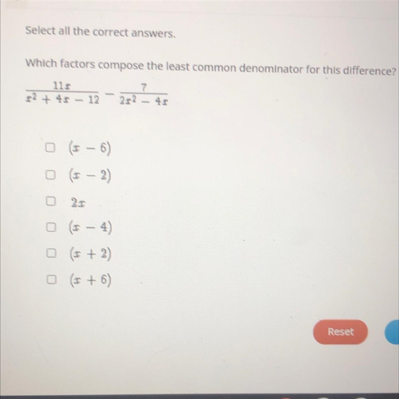 3 Select all the correct answers. Which factors compose the least common denominator-example-1