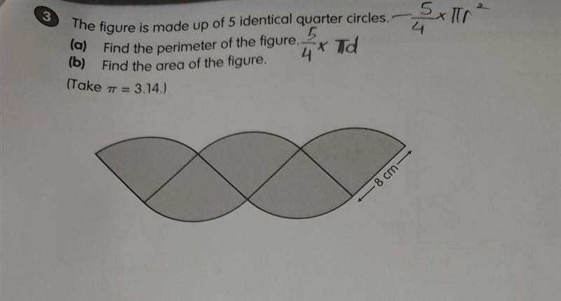 3. The figure is made up of 5 identical quarter circles. 3a) Find the perimeter of-example-1