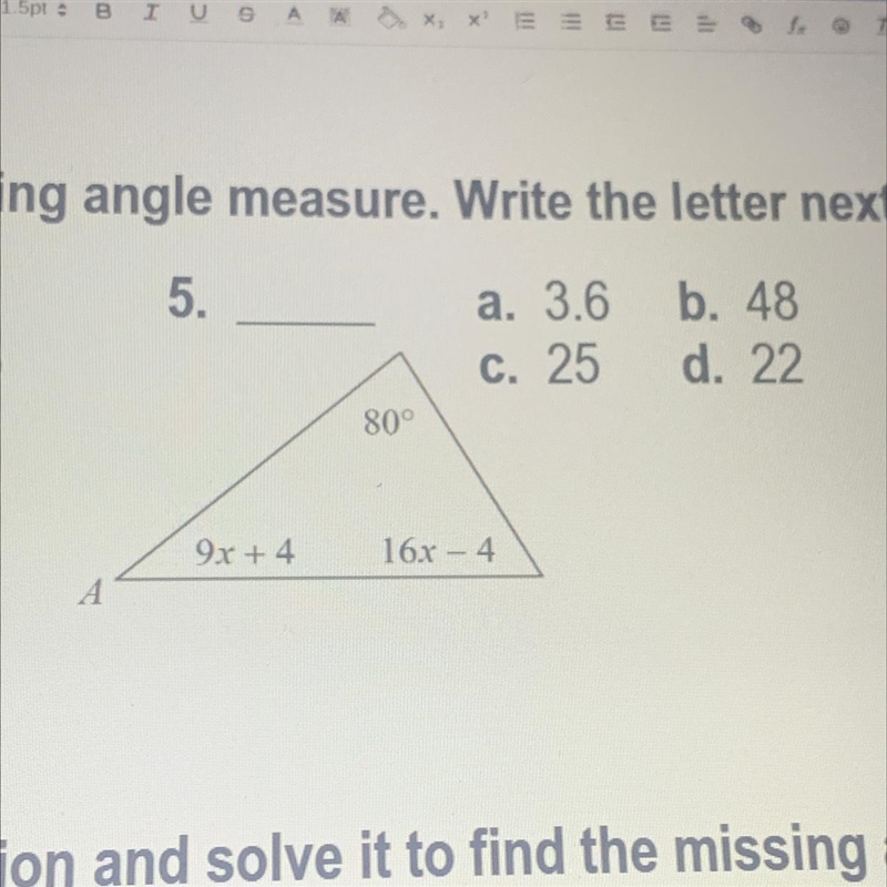 5. find the missing angle measure-example-1