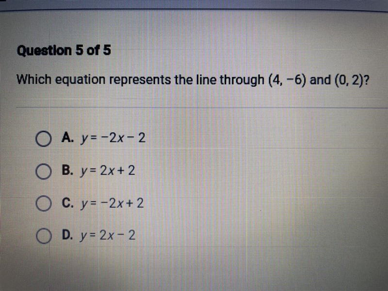 Which equation represents a line through (4, -6) and (0, 2)?-example-1