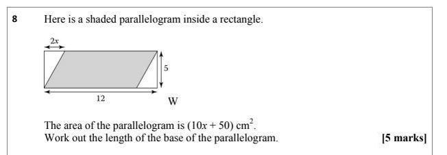 Here is a shaded parallelogram inside a rectangle. 2x 5 12 W The area of the parallelogram-example-1