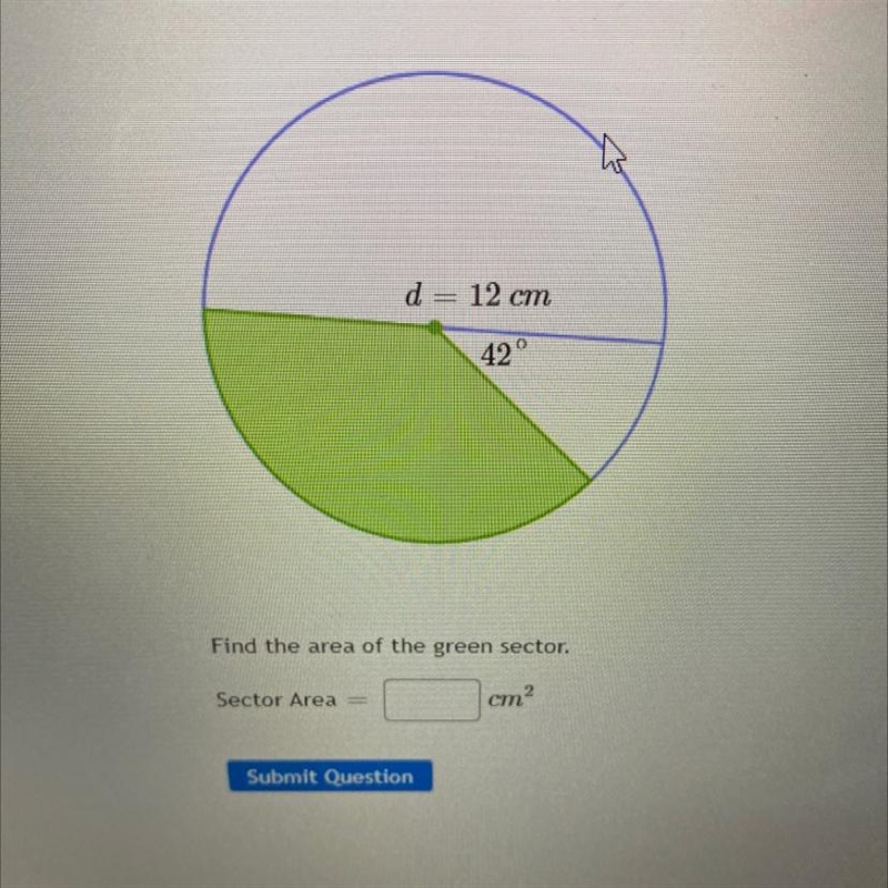 D = 12 cm42°Find the area of the green sector.-example-1