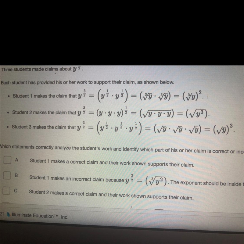 Three students made claims about y.Each student has provided his or her work to support-example-1