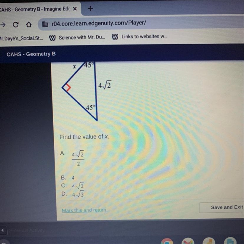 X A. 4-√√2 2 B. 45% 45% Find the value of x. 4./2-example-1