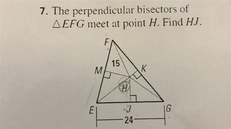 7. The perpendicular bisectors of AEFG meet at point H. Find HJ.-example-1