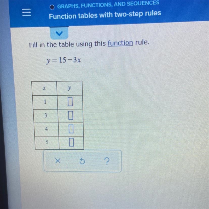 Fill in the table using this function rule. y=15-3x x y 1: 3: 4: 5:-example-1