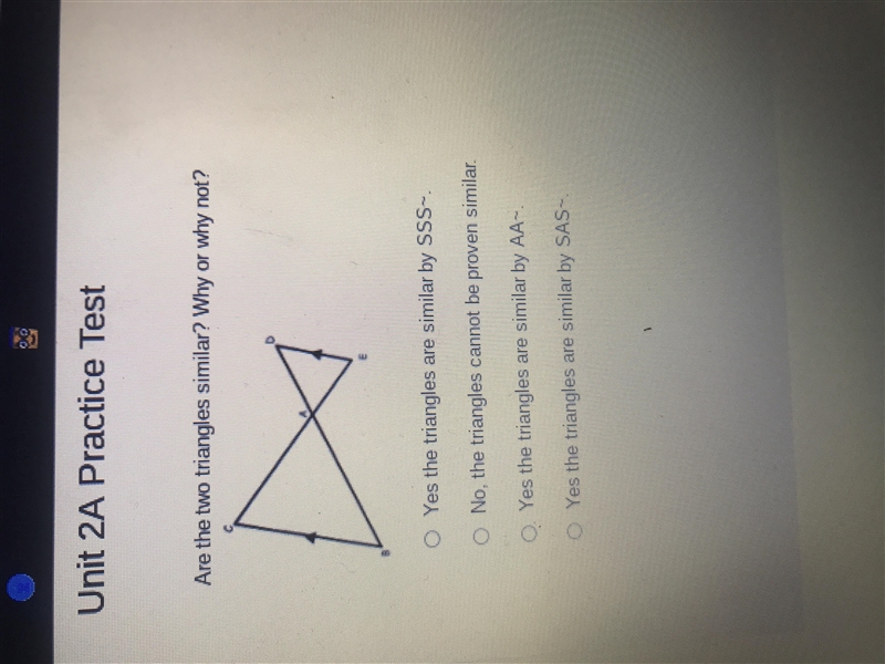 Need help ASAP ! Are the two triangles similar? Why or why not?-example-1