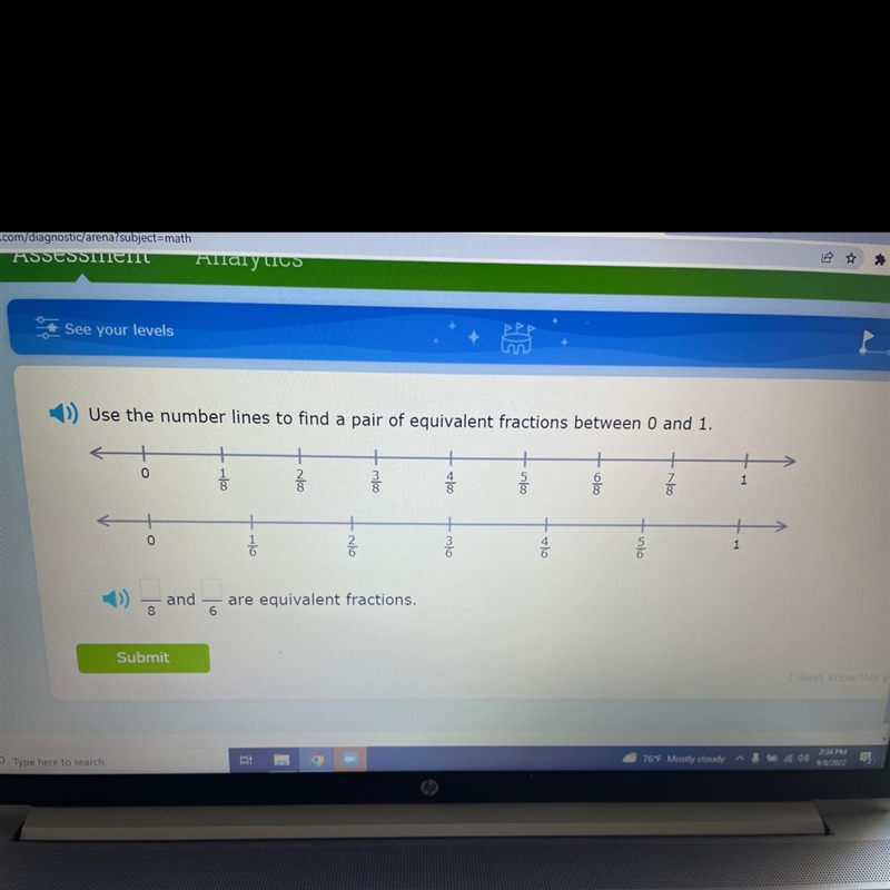 Use the number line to find pairs of equivalent fractions between 0 and 1-example-1