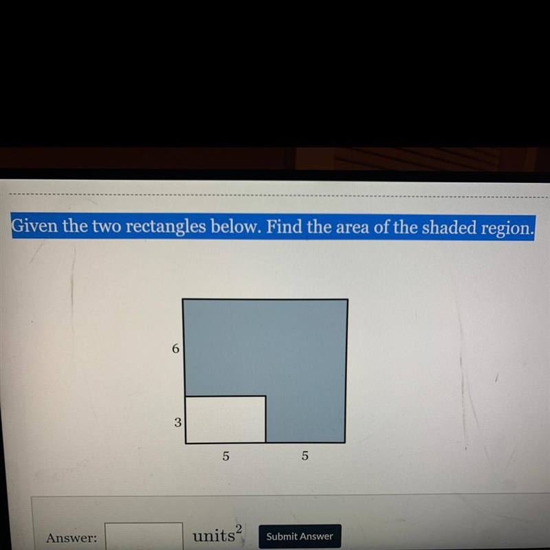 Given the two rectangles below. Find the area of the shaded region.-example-1