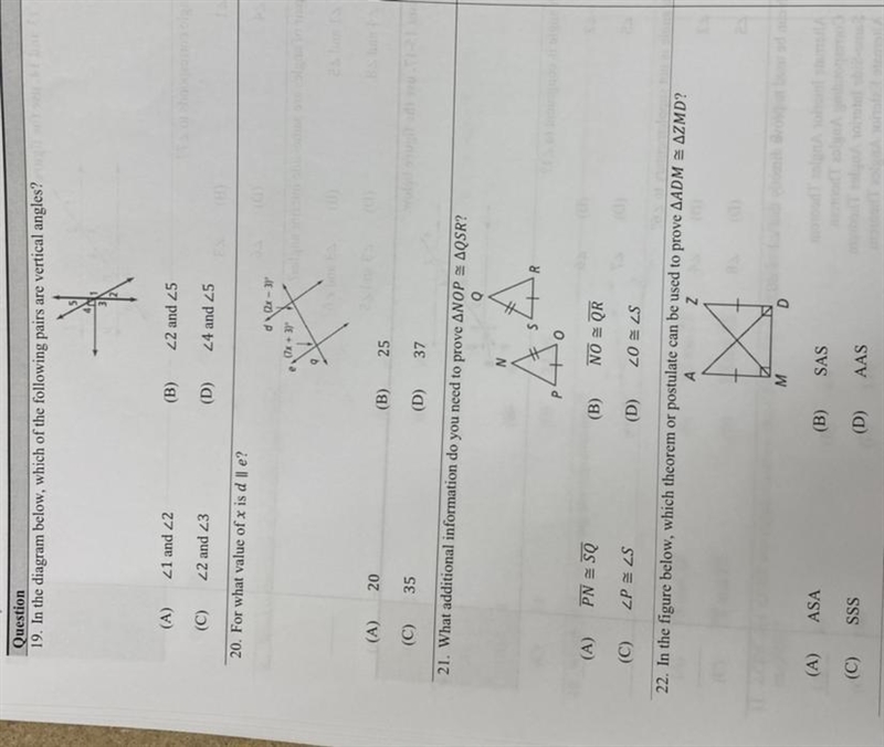 19. In the diagram below, which of the following pairs are vertical angles? 20. For-example-1