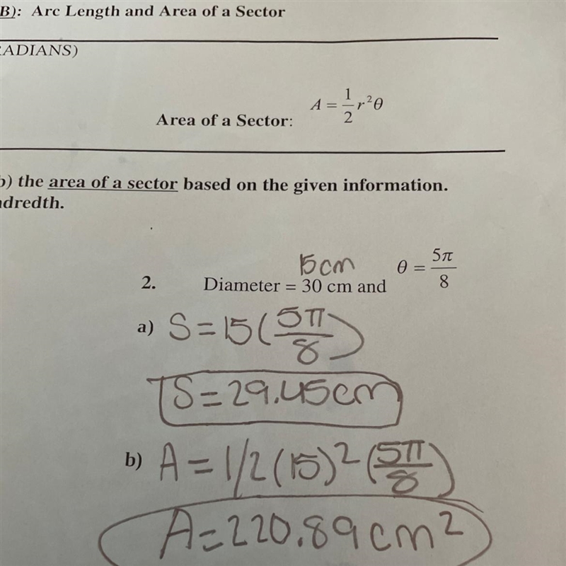 Find (a) arc length and (b) Area of a sector.-example-1