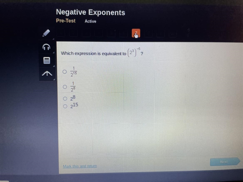 Which expression is equivalent to (2^3)^-5-example-1