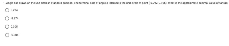 Angle α is drawn on the unit circle in standard position. The terminal side of angle-example-1