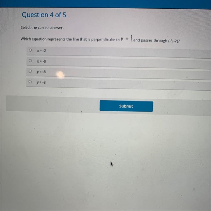 PLS help asap!!!!! Which equation represents the line that is perpendicular to y = 6 and-example-1