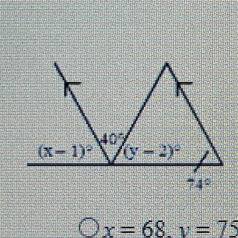 Find the values of x and y. The diagram is not to scale. A.x= 68, y = 75 B.x= 75, y-example-1