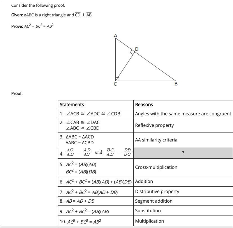 Which reason completes the proof?A. Corresponding sides of similar triangles are proportional-example-1