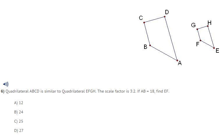 Quadrilateral ABCD is similar to Quadrilateral EFGH. The scale factor is 3:2 if AB-example-1