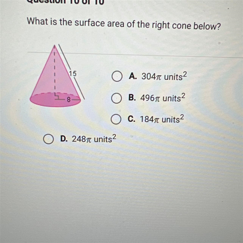 What is the surface area of the right cone below? A. 3047 units- B. 4967 units? C-example-1