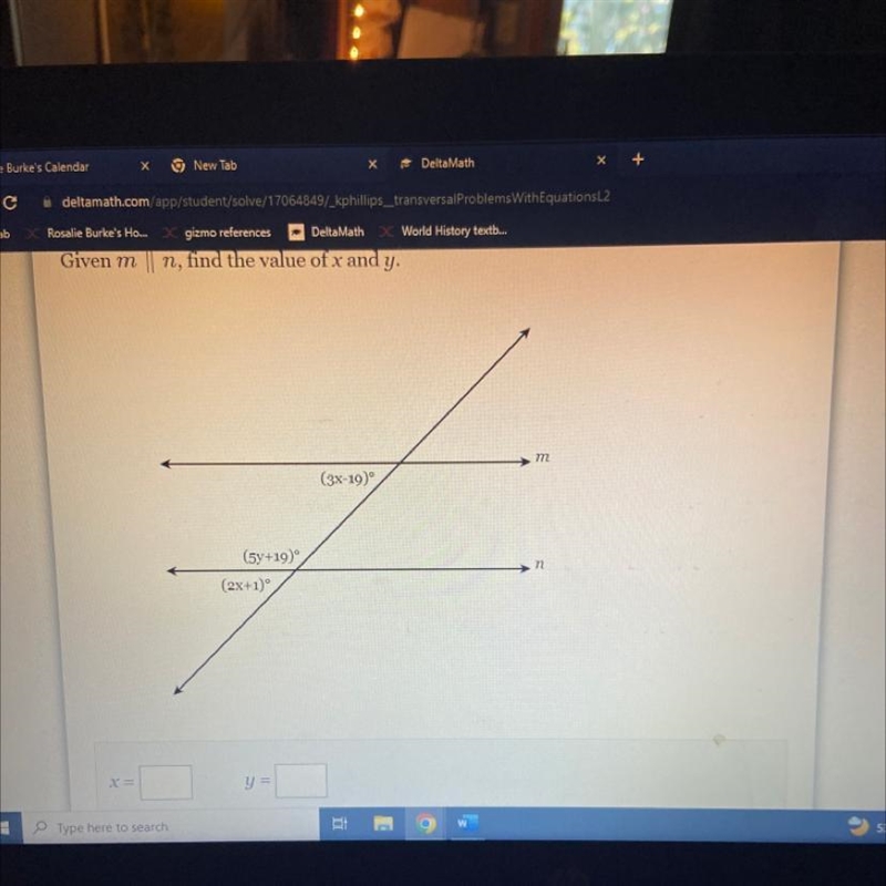 Given mn, find the value of x and y. (5y+19)° (2x+1)° (3x-19)° m 72-example-1