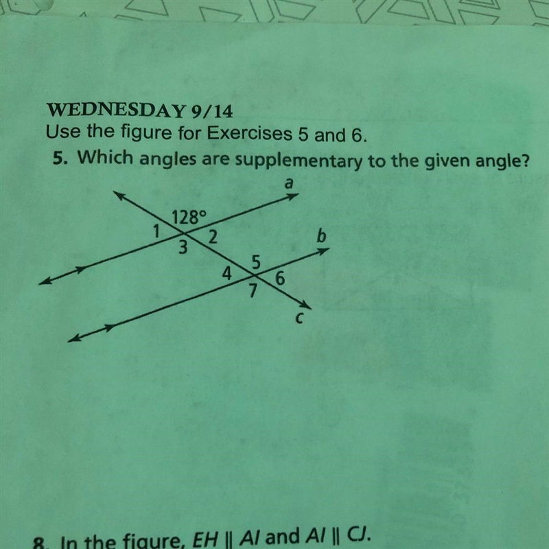 Which angles are supplementary to the given angle? I need help-example-1