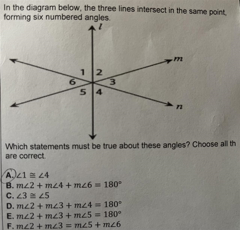 In the diagram below, the three lines intersect in the same point, forming six numbered-example-1