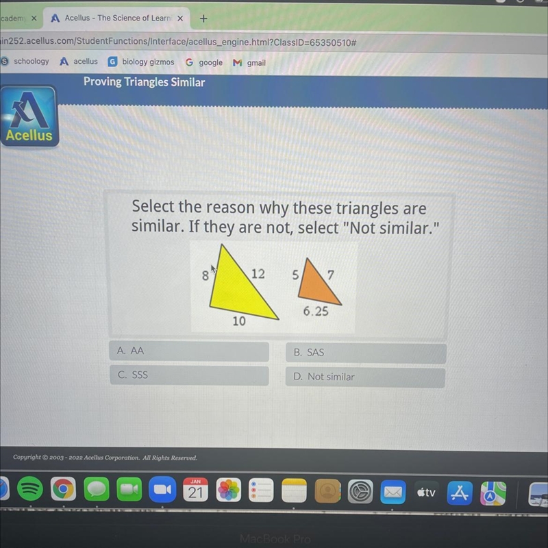 Select the reason why these triangles are similar. If they are not, select "Not-example-1