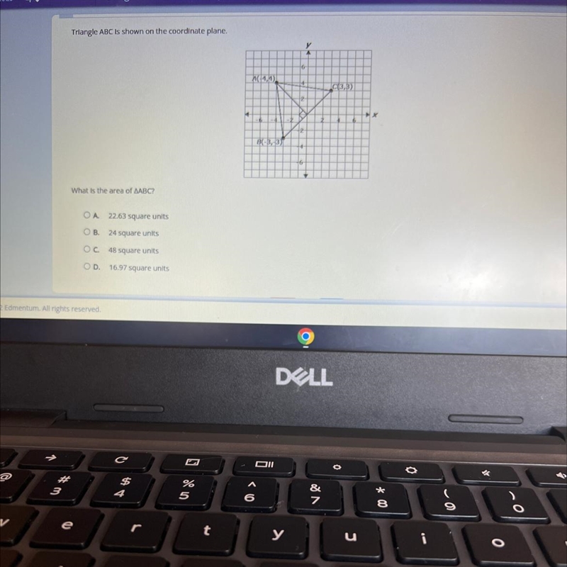 Triangle ABC Is shown on the coordinate plane. What is the area of AABC? OA 22.63 square-example-1