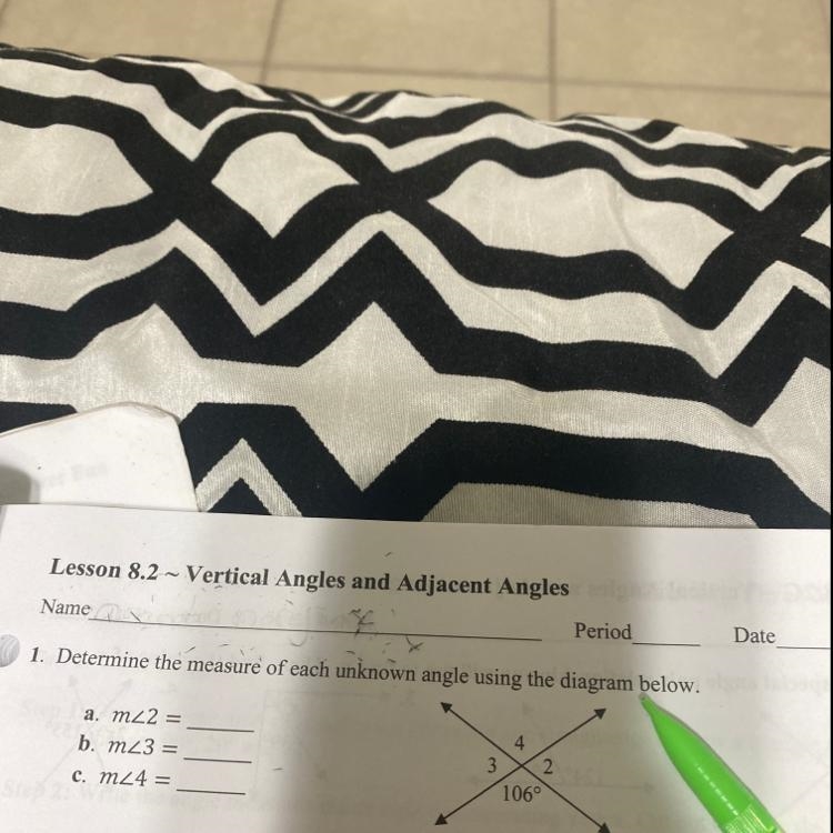 1. Determine the measure of each unknown angle using the diagram below. Date a. m-example-1