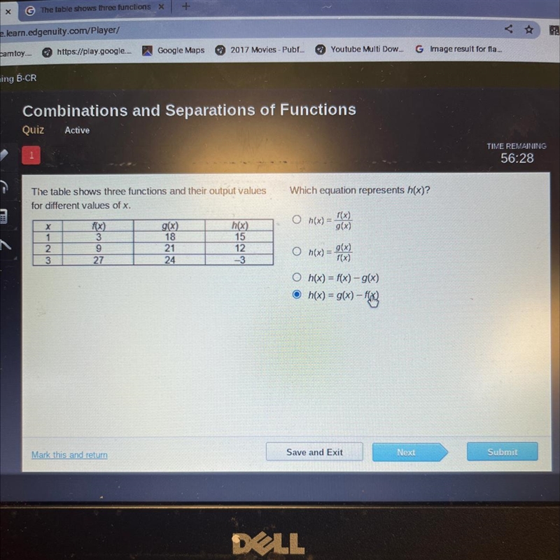 Which equation represents h(x)? The table shows three functions and their output values-example-1