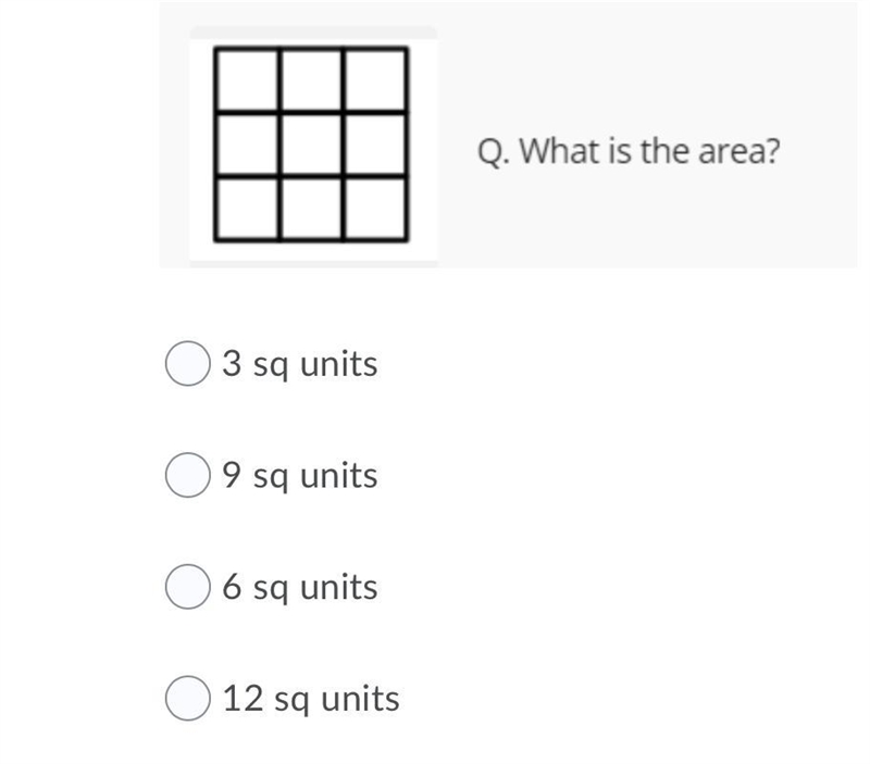 Q. What is the area? A) 3 sq units B) 9 sq units C) 6 sq units D) 12 sq units-example-1