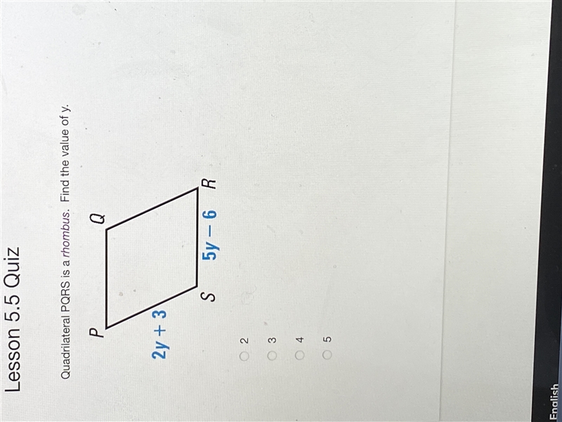 Quadrilateral PQRS is a rhombus. Find the value of y-example-1