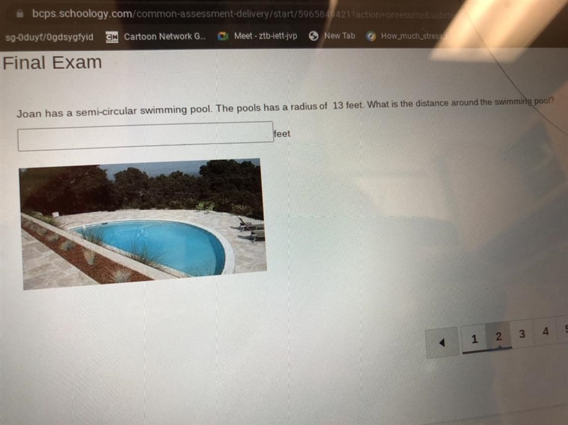 Joan has a semi-circular swimming pool. The pools has a radius of 13 feet. What is-example-1