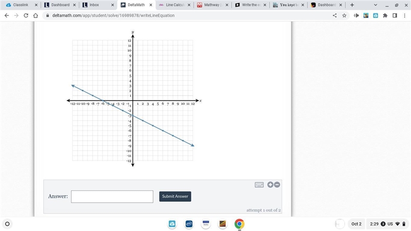 Write the equation of the line in fully simplified slope-intercept form.-example-1