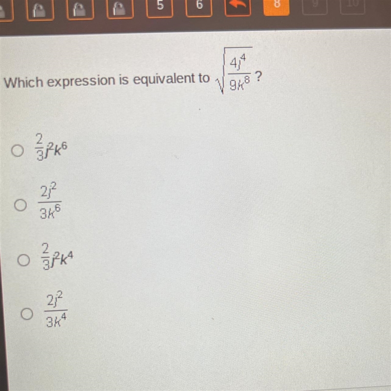 Which expression is equivalent to squareroot 4j^4/9k^8-example-1