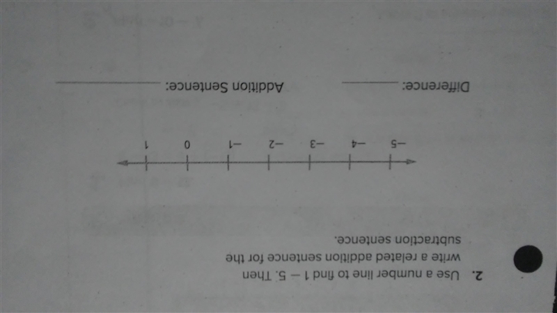 Use a number line to find 1-5 .Then write a related addition sentence for the subtraction-example-1