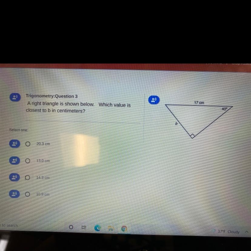 Which value is closest to b in centimeters?-example-1