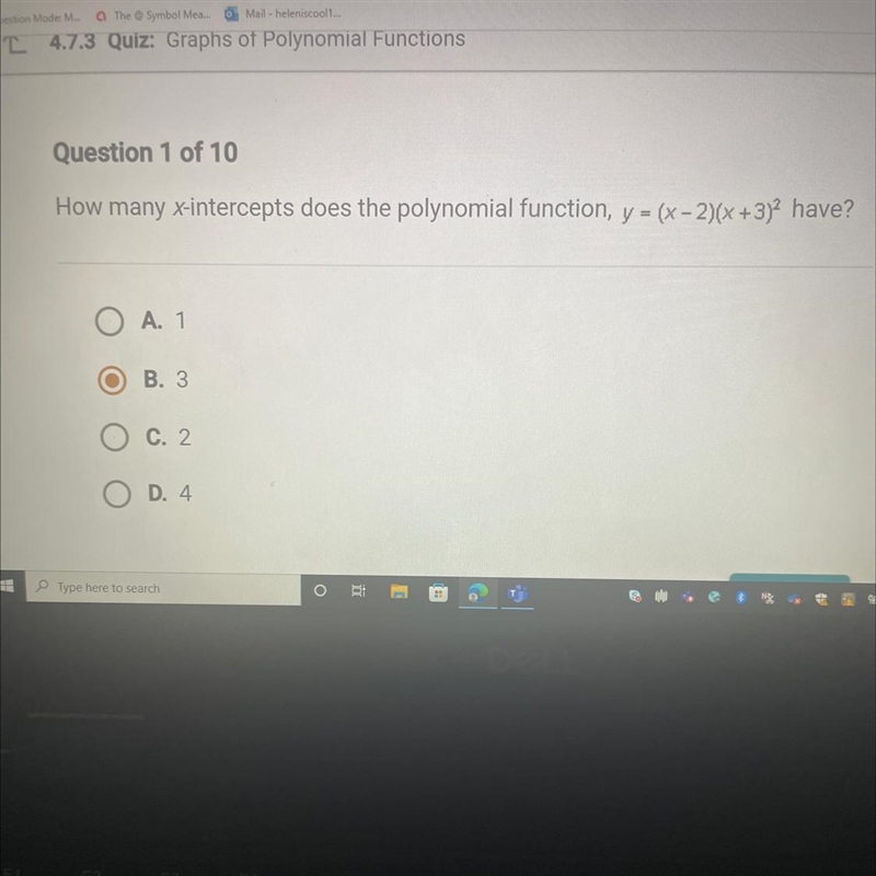 How many x-intercepts does the polynomial function y=(x-2)(x+3)^2 have?-example-1