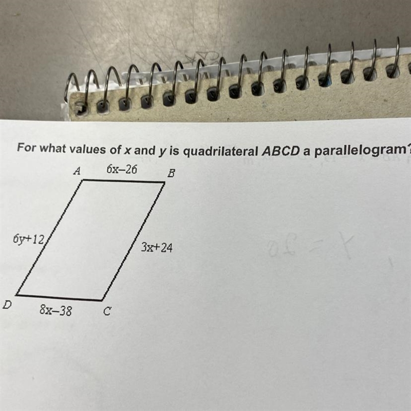 For what values of x and y is quadrilateral ABCD a parallelogram?-example-1