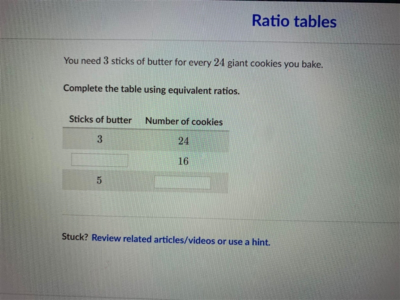 Ratio tables you need 3 sticks of butter for every 24 giant cookies cookie you make-example-1