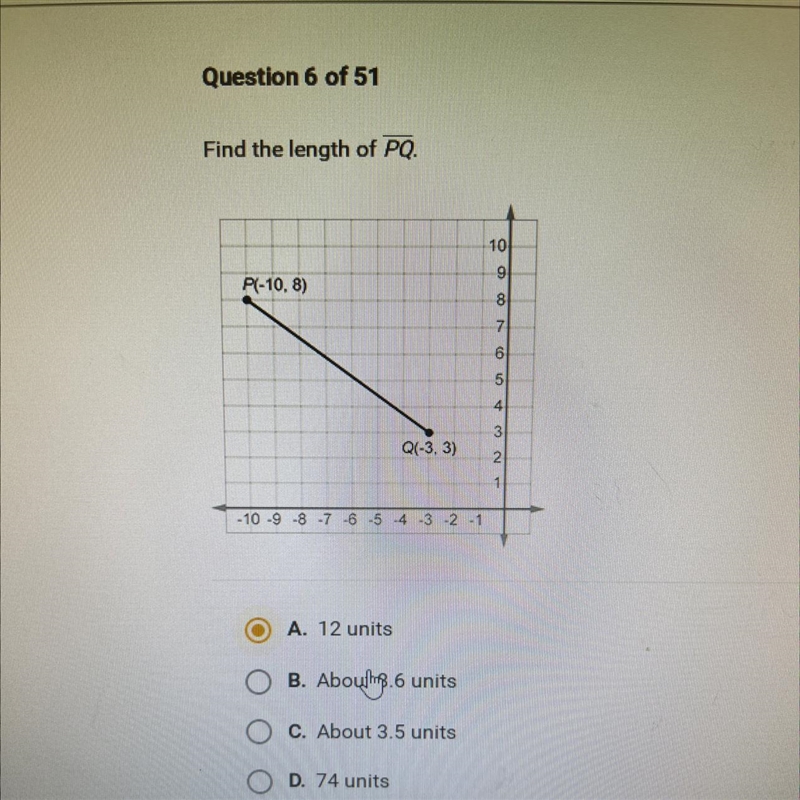 Find the length of PQ. 10 9 P(-10.8) 8 00N 6 5 3 Q(-3, 3) 2 - 10 -98 -7 -6 -5 4 -3 -2 -1-example-1