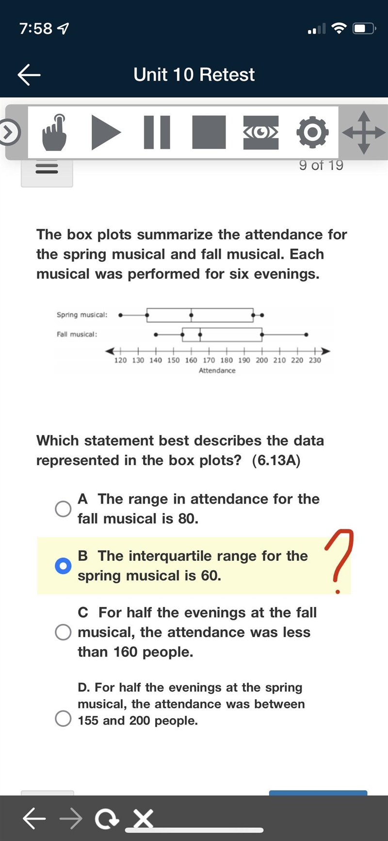 The box plots summarize the attendance for the spring musical and fall musical. Each-example-1