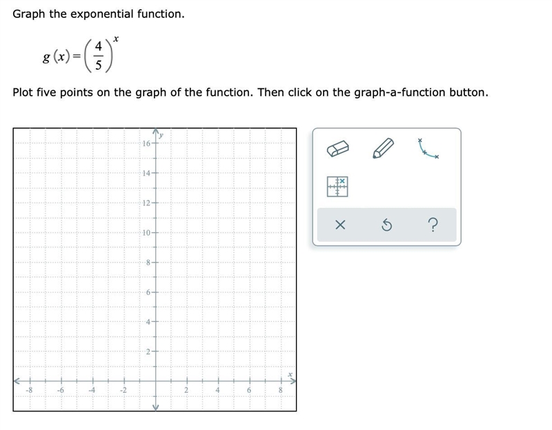 Graph the exponential function.g(x) = (4/5)^xPlot five points on the graph of the-example-1