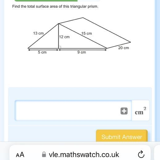 Find the total surface area of this triangular prism. 13 cm 12 cm 15 cm 20 cm 5 cm-example-1