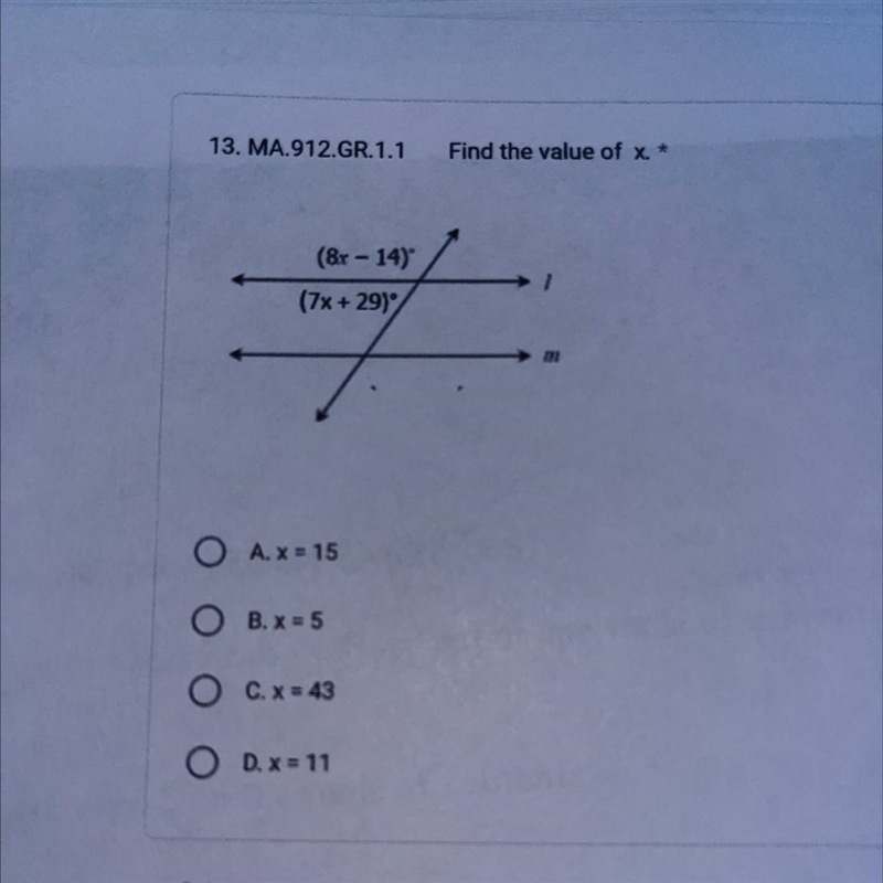 A > x = 15 b > x = 5 c > x = 43 d > x = 11-example-1