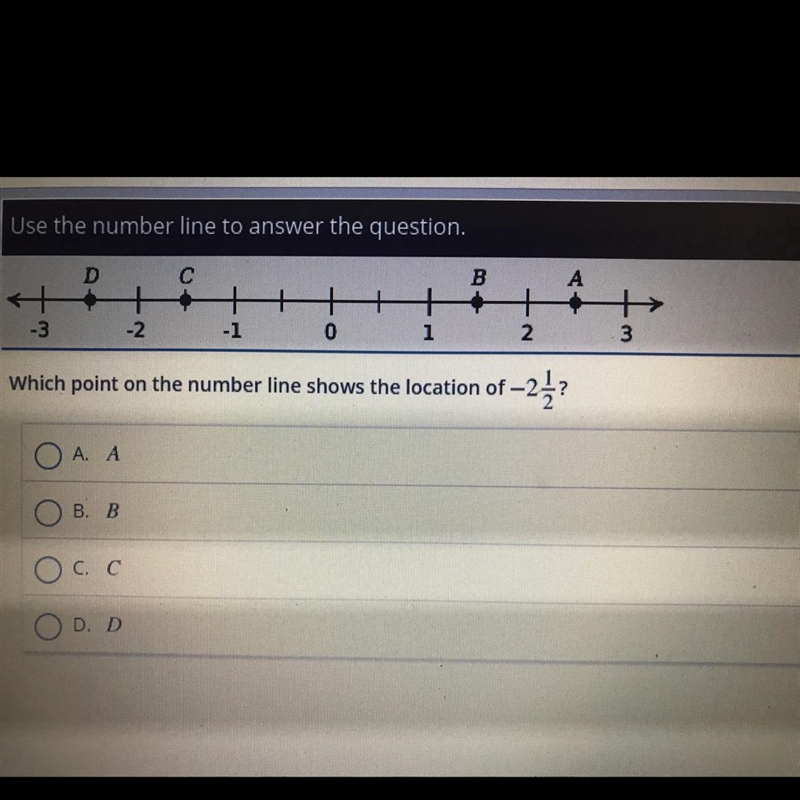 Which point on the number line shows the location of –25? A. A B. B C.C D. D-example-1