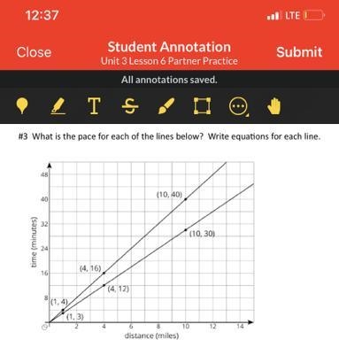 #3 What is the pace for each of the lines below? Write equations for each line. time-example-1